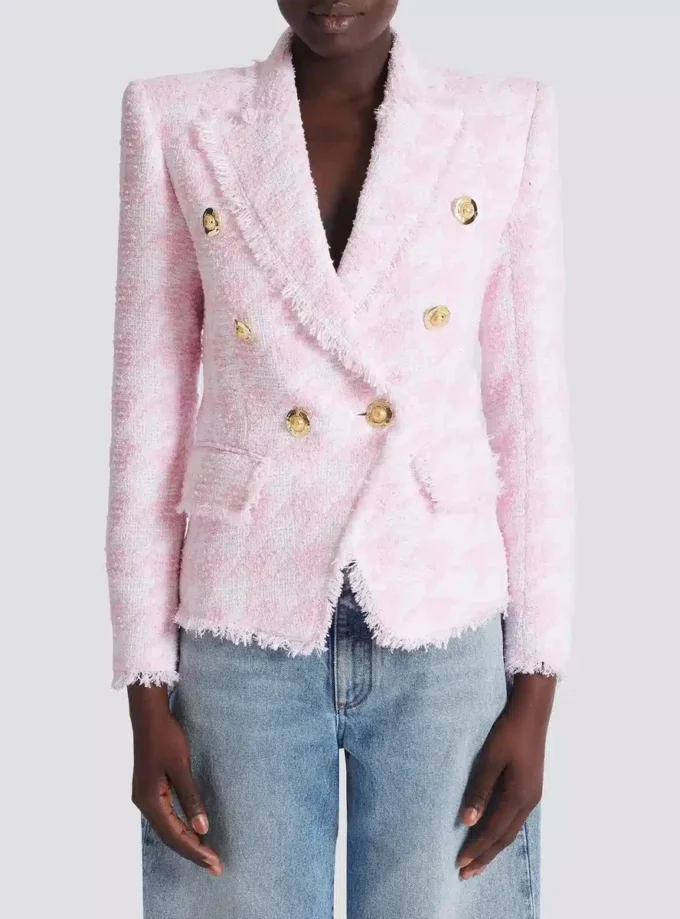 Veste ajustée en tweed pied-de-poule à 6 boutons