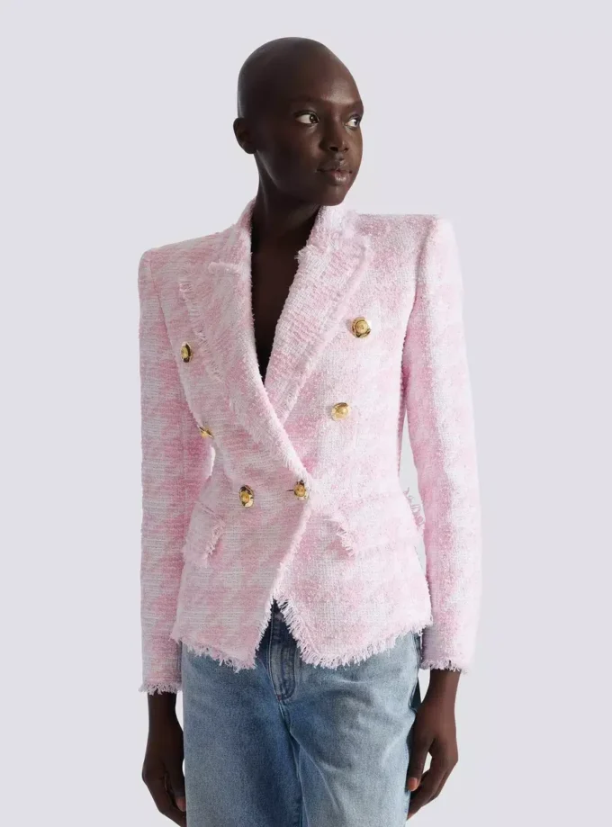 Veste ajustée en tweed pied-de-poule à 6 boutons