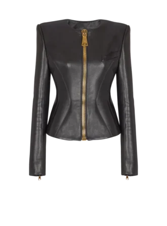 Veste courte à basque en cuir d&rsquo;agneau