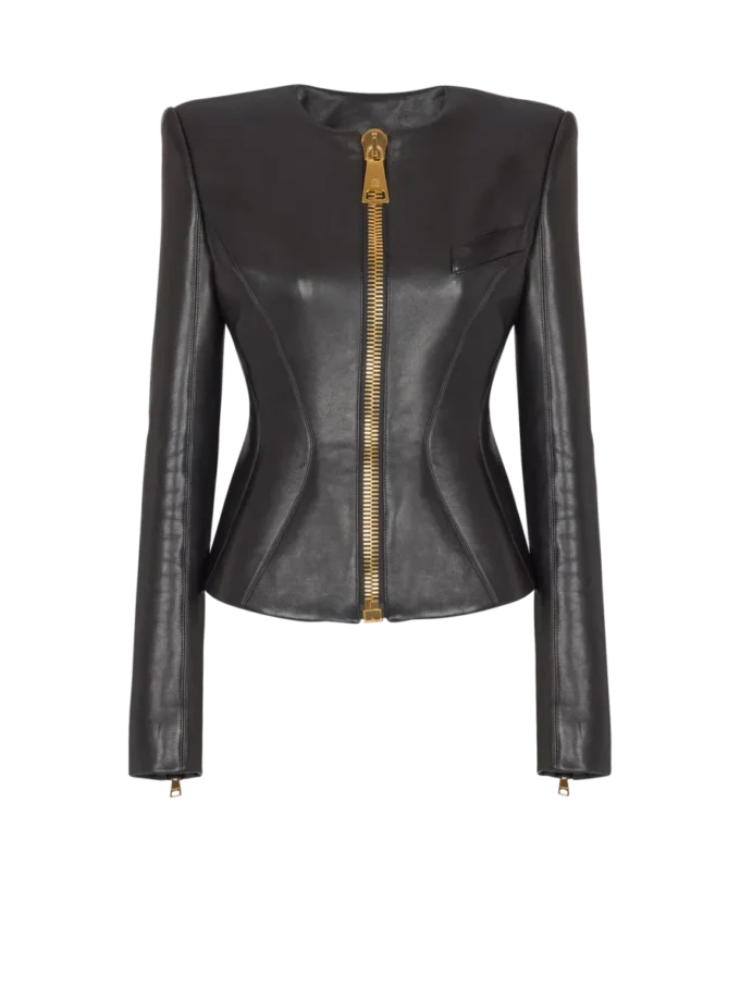 Veste courte à basque en cuir d’agneau Veste courte à basque en cuir d’agneau