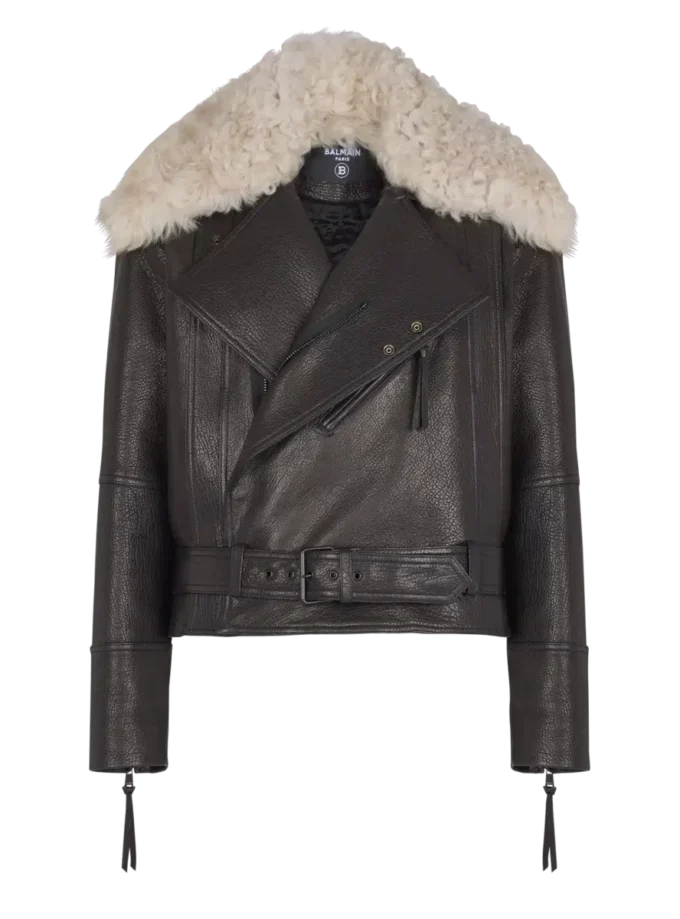 Veste en cuir avec col en peau lainée Veste en cuir avec col en peau lainée