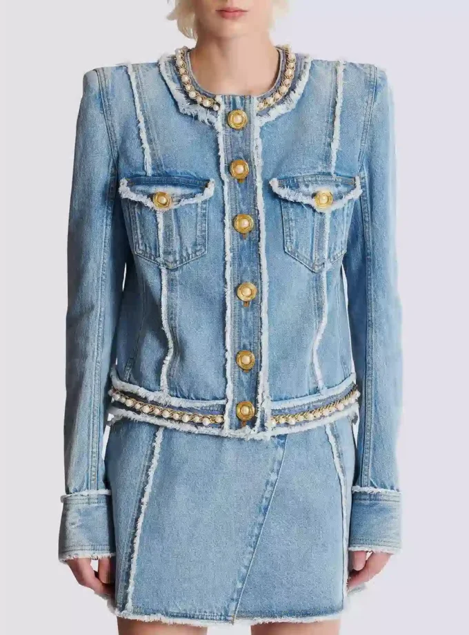 Veste en denim avec bordure en perles