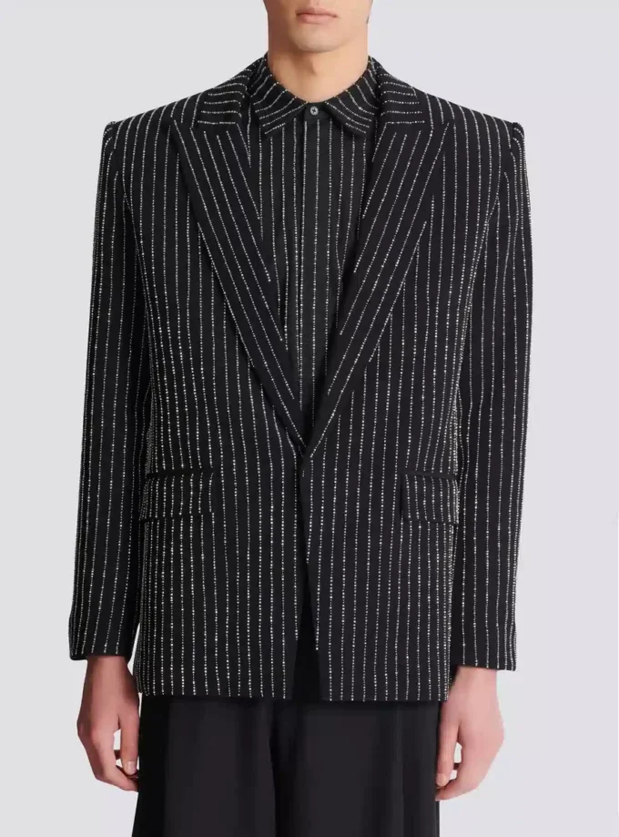 Veste en laine à 1 bouton avec rayures en cristal