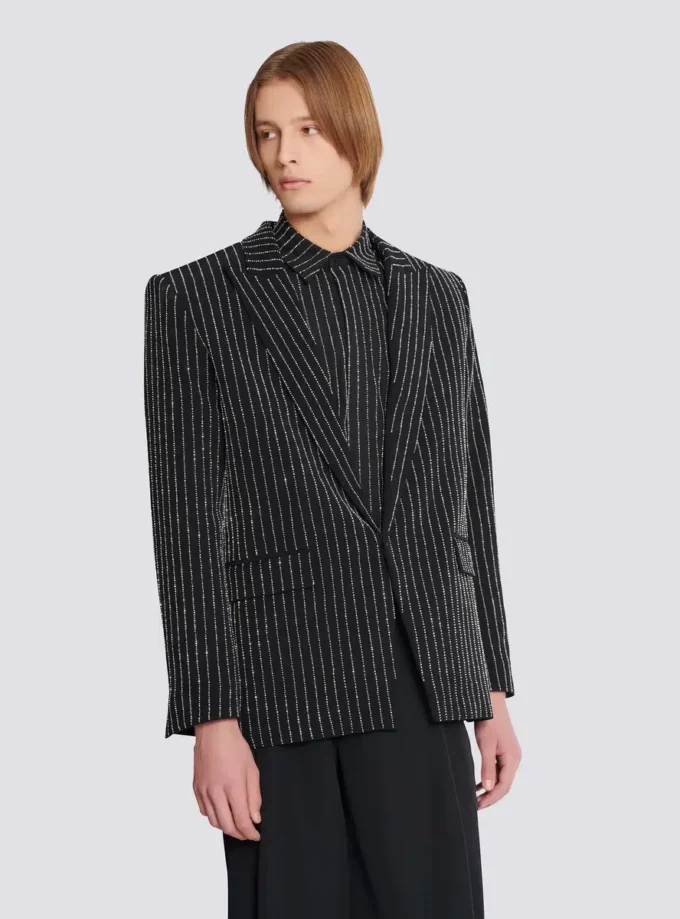 Veste en laine à 1 bouton avec rayures en cristal