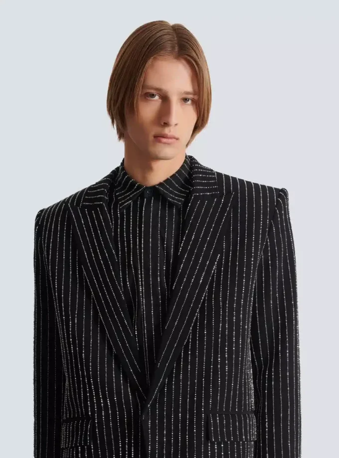 Veste en laine à 1 bouton avec rayures en cristal