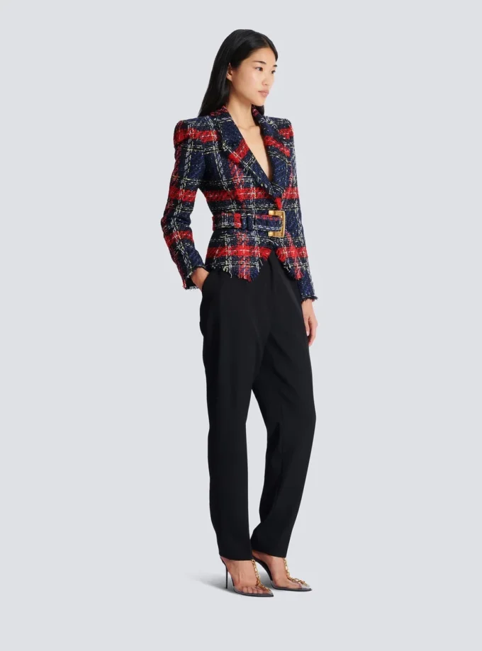 Veste en tweed à carreaux avec ceinture Veste en tweed à carreaux avec ceinture
