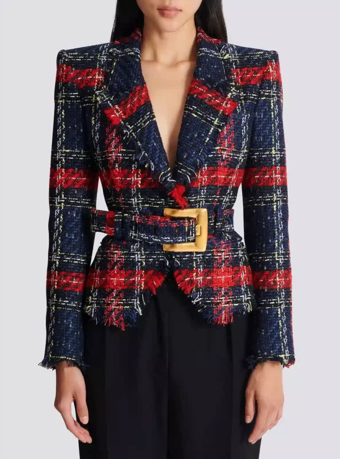 Veste en tweed à carreaux avec ceinture Veste en tweed à carreaux avec ceinture