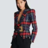 Veste en tweed à carreaux avec ceinture Veste en tweed à carreaux avec ceinture