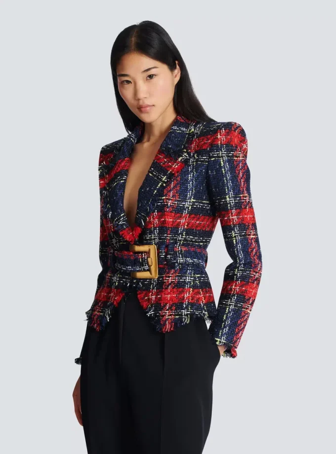 Veste en tweed à carreaux avec ceinture Veste en tweed à carreaux avec ceinture