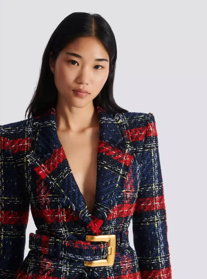 Veste en tweed à carreaux avec ceinture Veste en tweed à carreaux avec ceinture