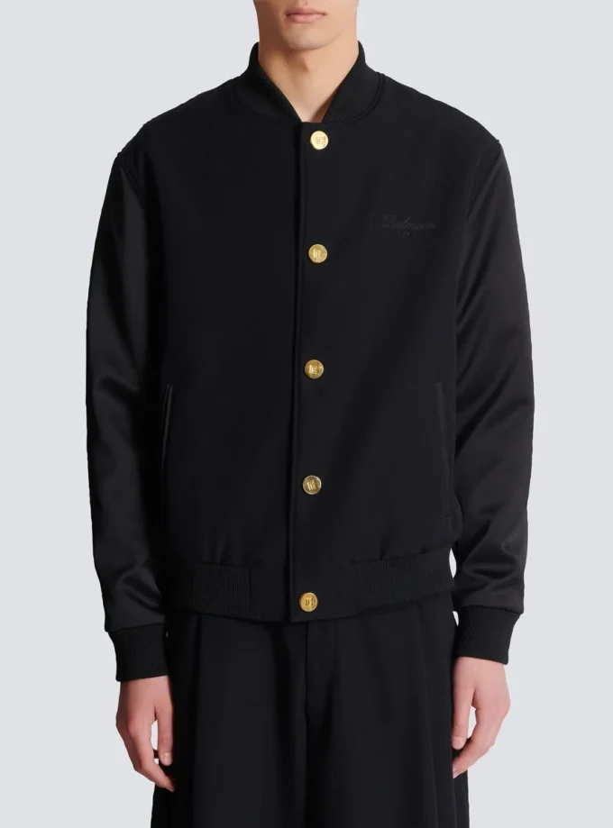 Veste universitaire en laine grain de poudre et satin Veste universitaire en laine grain de poudre et satin
