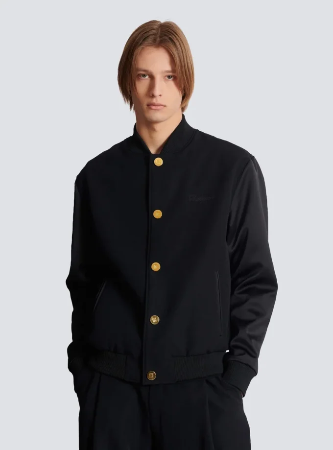 Veste universitaire en laine grain de poudre et satin Veste universitaire en laine grain de poudre et satin
